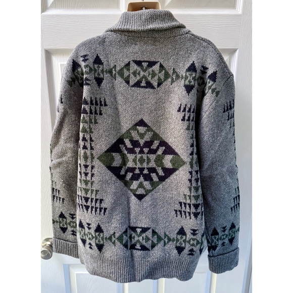 PENDLETON 100% Lambs Wool Aztec Zip Up Men’s Sweater Cardigan Grey Green Size L - Picture 2 of 9